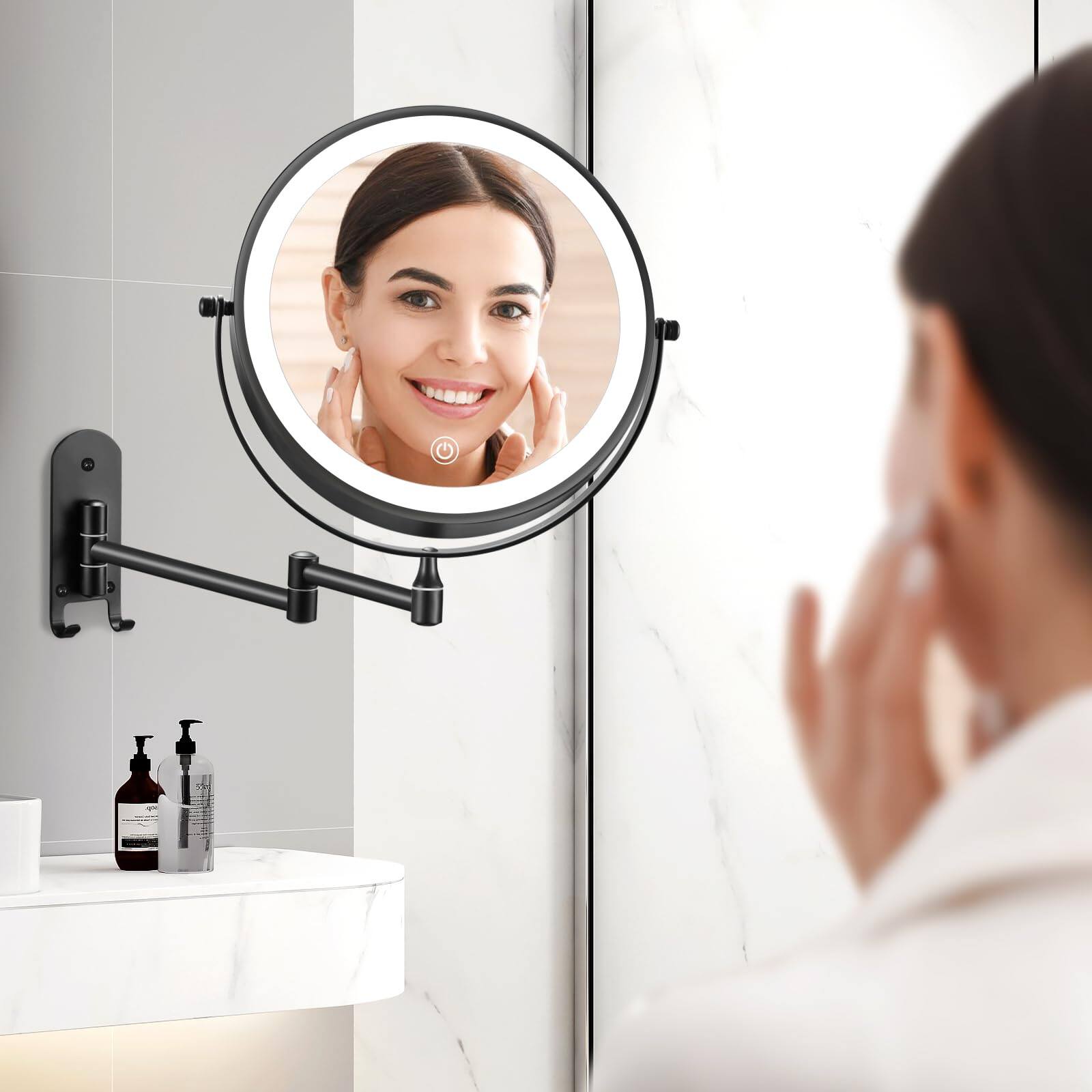 Alt View 5. Earthley Blooms - 9" Rechargeable Wall Mounted Lighted Makeup Mirror Double Sided 1x 10x Magnifying With Lights Dimmable Ba... - Black.