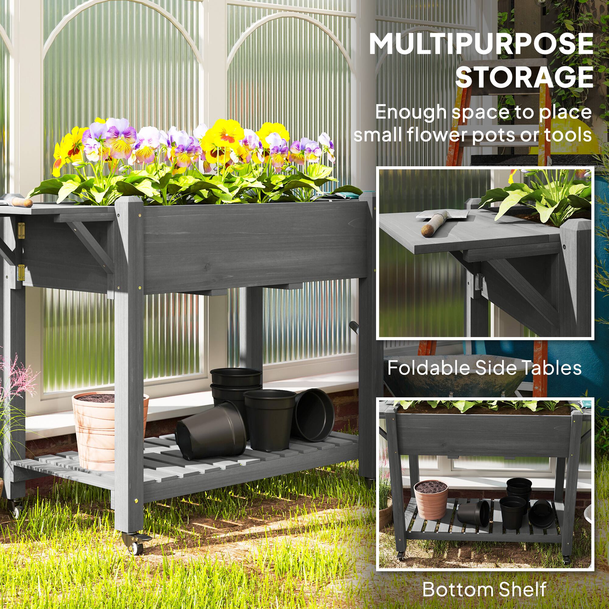 MULTIPURPOSE STORAGE  
Enough space to place small flower pots or tools  

Foldable Side Tables  

Bottom Shelf