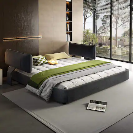 Front. LOVMOR - King Size Cloud Bed Frame with Oversized Padded Movable Headboard Chenille Upholstered Bed with Round CornerMetal Solid - Black.