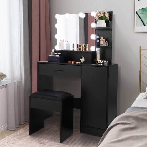 Alt View 6. Winado - 53" Makeup Vanity Table Desk Set with 10 LED Bulbs Lighted Mirror, Storage Dresser Stool, Open Shelves Dresser Desk - Black.