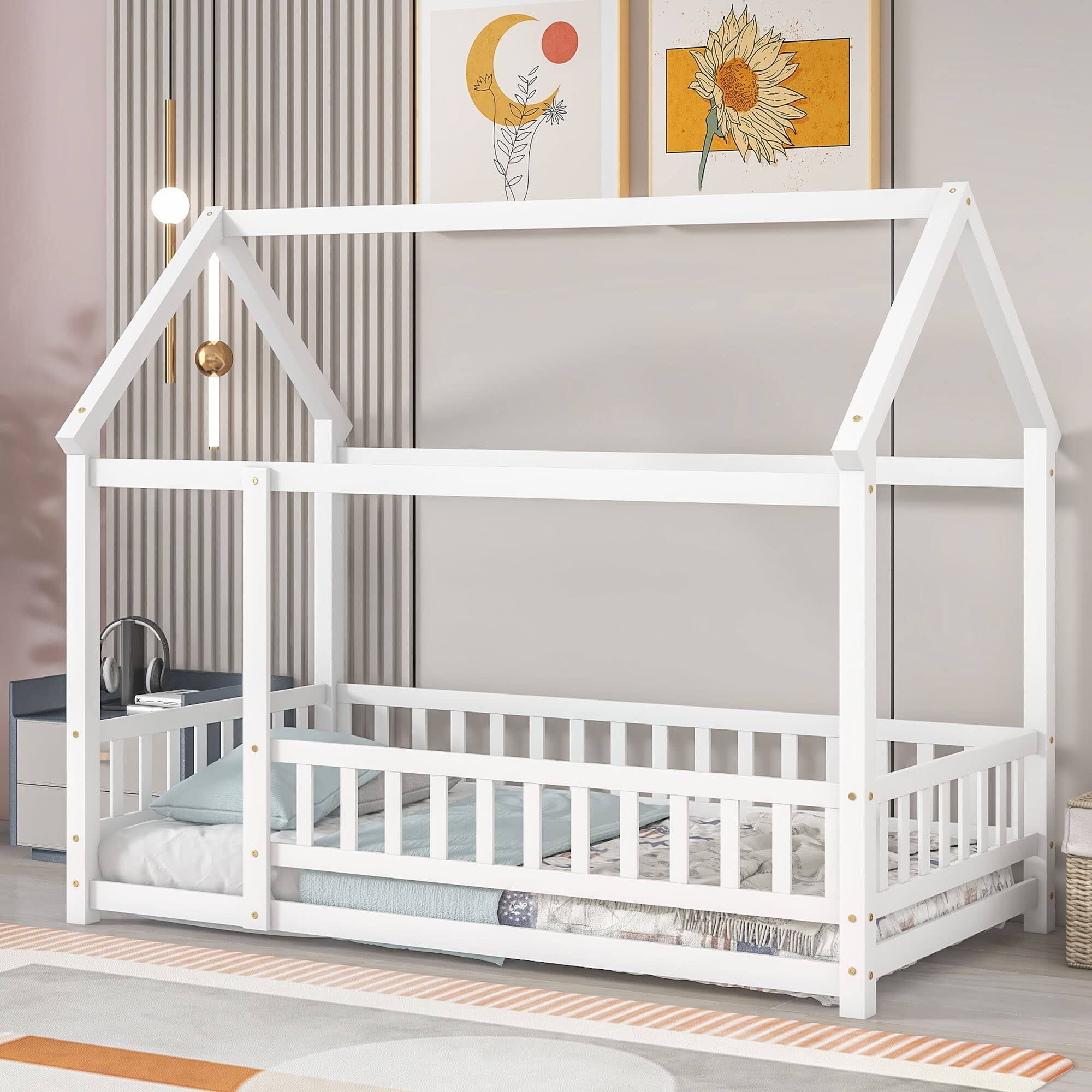 Alt View 7. Ecooso - Twin Floor Bed with House Roof Frame & Fence Guardrails, Wooden Construction - White.