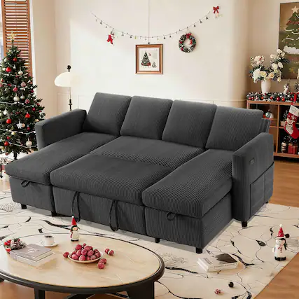 Front. Dyonery - 105" Sectional Sleeper Sofa,Pull Out Couch with Reclining Backrest,USB Ports, Tool-Free Assembly, Corduroy Grey - Corduroy Gray.