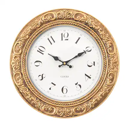 Front. Dazzed Corner - Decorative Wall Clock, 12" Battery Operated Wall Clocks - Antique Gold.