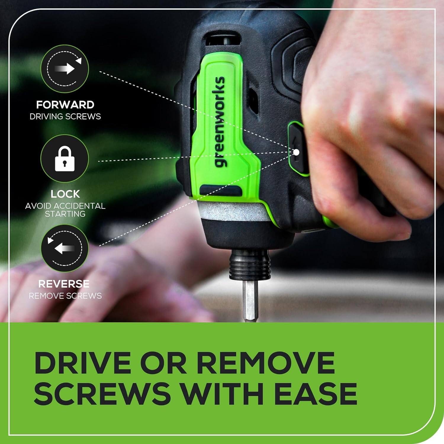 - FORWARD: Driving Screws
- LOCK: Avoid Accidental Starting
- REVERSE: Remove Screws
- Drive or Remove Screws with Ease