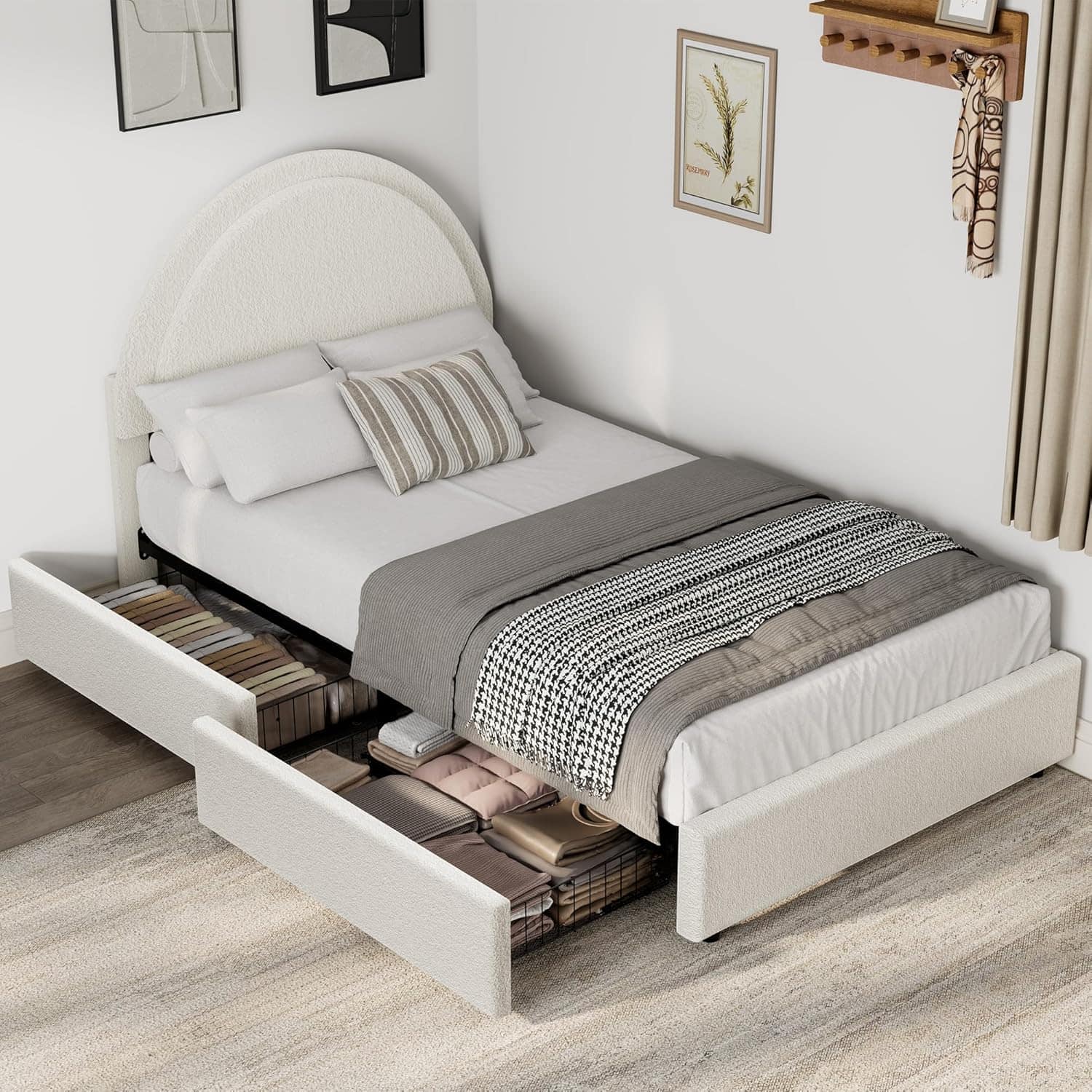 Homhougo - Twin Boucle Bed Frame with Storage Drawers, Upholstered Platform Bed with Round Headboard, Noise-Free - Beige