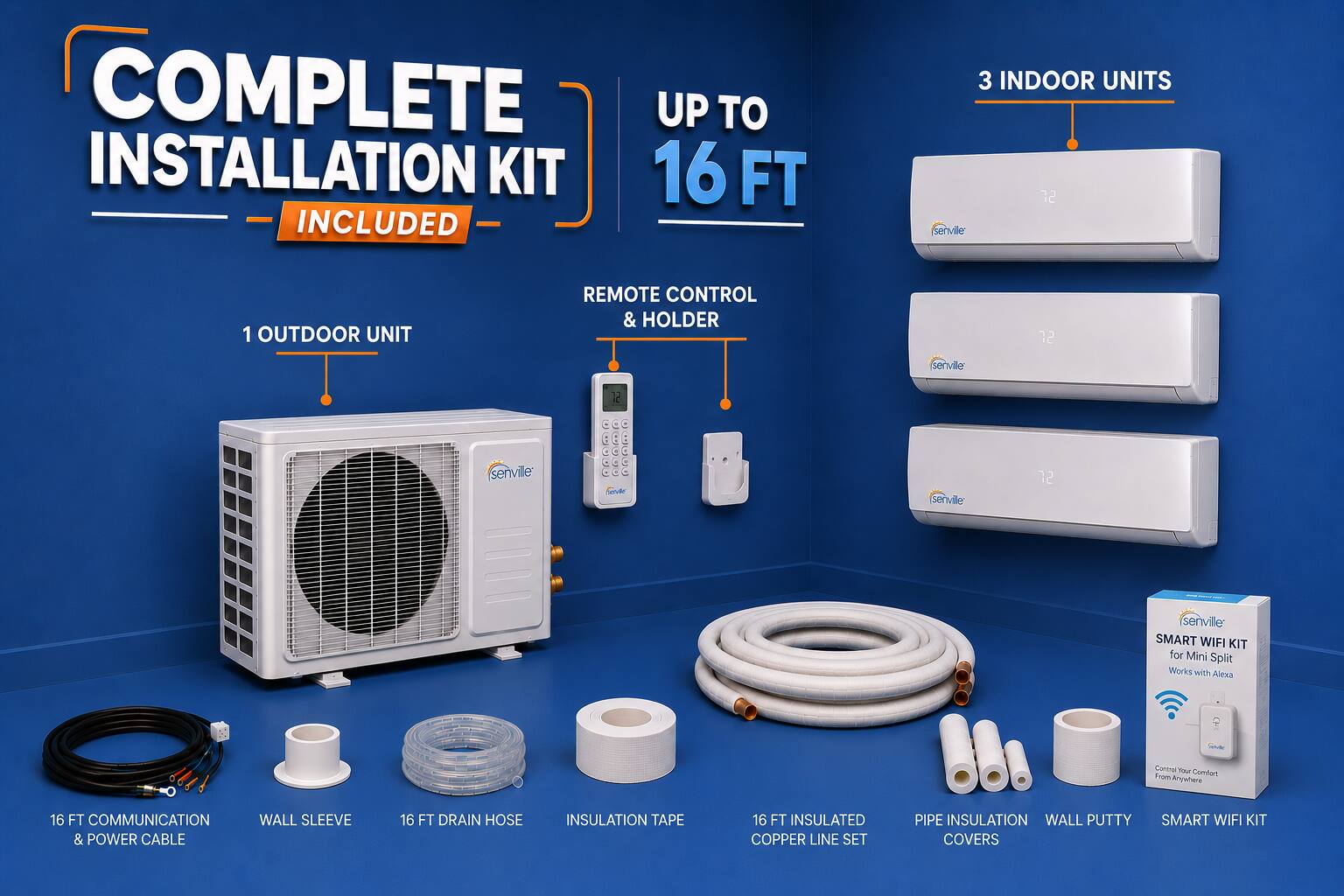 COMPLETE INSTALLATION KIT UP TO 16 FT INCLUDED

- 3 INDOOR UNITS
- 1 OUTDOOR UNIT
- REMOTE CONTROL & HOLDER
- 16 FT COMMUNICATION & POWER CABLE
- WALL SLEEVE
- 16 FT DRAIN HOSE
- INSULATION TAPE
- 16 FT INSULATED COPPER LINE SET
- PIPE INSULATION
- WALL PUTTY COVERS
- SMART WIFI KIT

SMART WIFI KIT for Mini Split Works with Alexa - Control Your Comfort from Anywhere