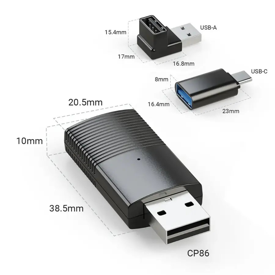 15.4mm USB-A 17mm 16.8mm 8mm USB-C 20.5mm 16.4mm 23mm 10mm 38.5mm CP86
