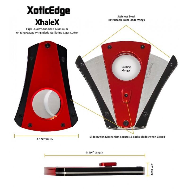 XoticEdge XhaleX High Quality Anodized Aluminum 64 Ring Gauge Wing Blade Guillotine Cigar Cutter Stainless Steel Retractable Dual Blade Wings 64 Ring Gauge XoticEdge 2 1/4" Width Slide Button Mechanism Secures & Locks Blades when Closed 3 1/4" Length 22" Thick