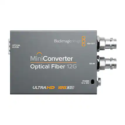 OPTICAL OUT/IN
Blackmagicdesign
MiniConverter Optical Fiber 12G
SDI OUT
SDI IN
POWER +6 to 36V
ULTRA HD 12G SDI