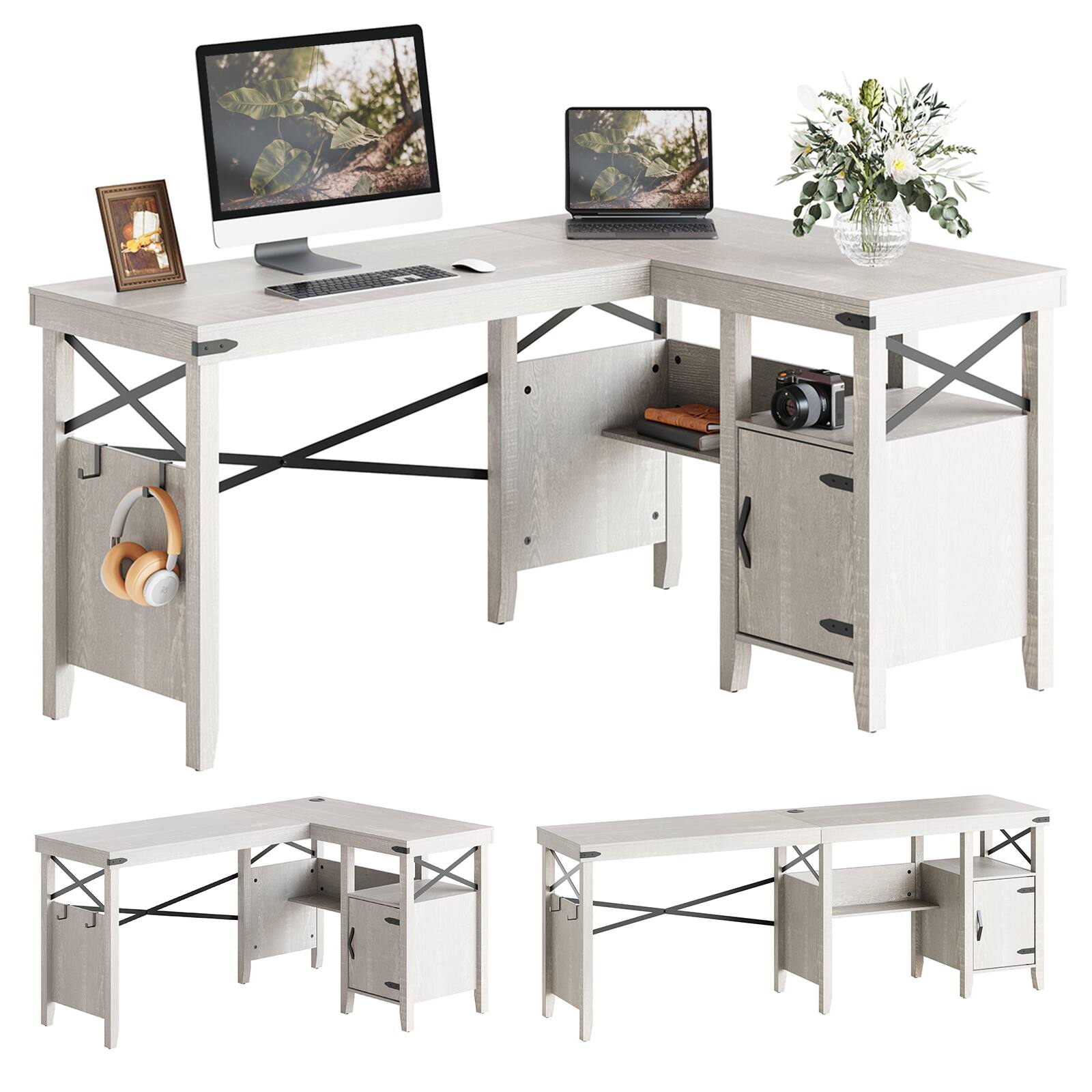 Alt View 14. Bestier - Farmhouse L-Shaped Computer Desk with Storage Cabinet and Bookshelf - 60" Wide - Wash White.