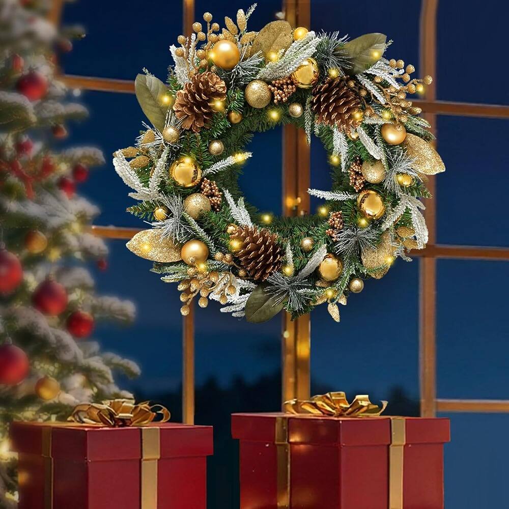 Alt View 4. Schertz - Pre-Lit Christmas Wreath w/ 30 LED Lights, Battery Operated, Outdoor - Wreaths-gold.