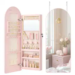 Songmics Home - Wide Jewelry Organizer, LED Jewelry Cabinet Wall/Door Mounted, Arched Mirror with Storage, Lockable, Rounded Corner - Jelly Pink