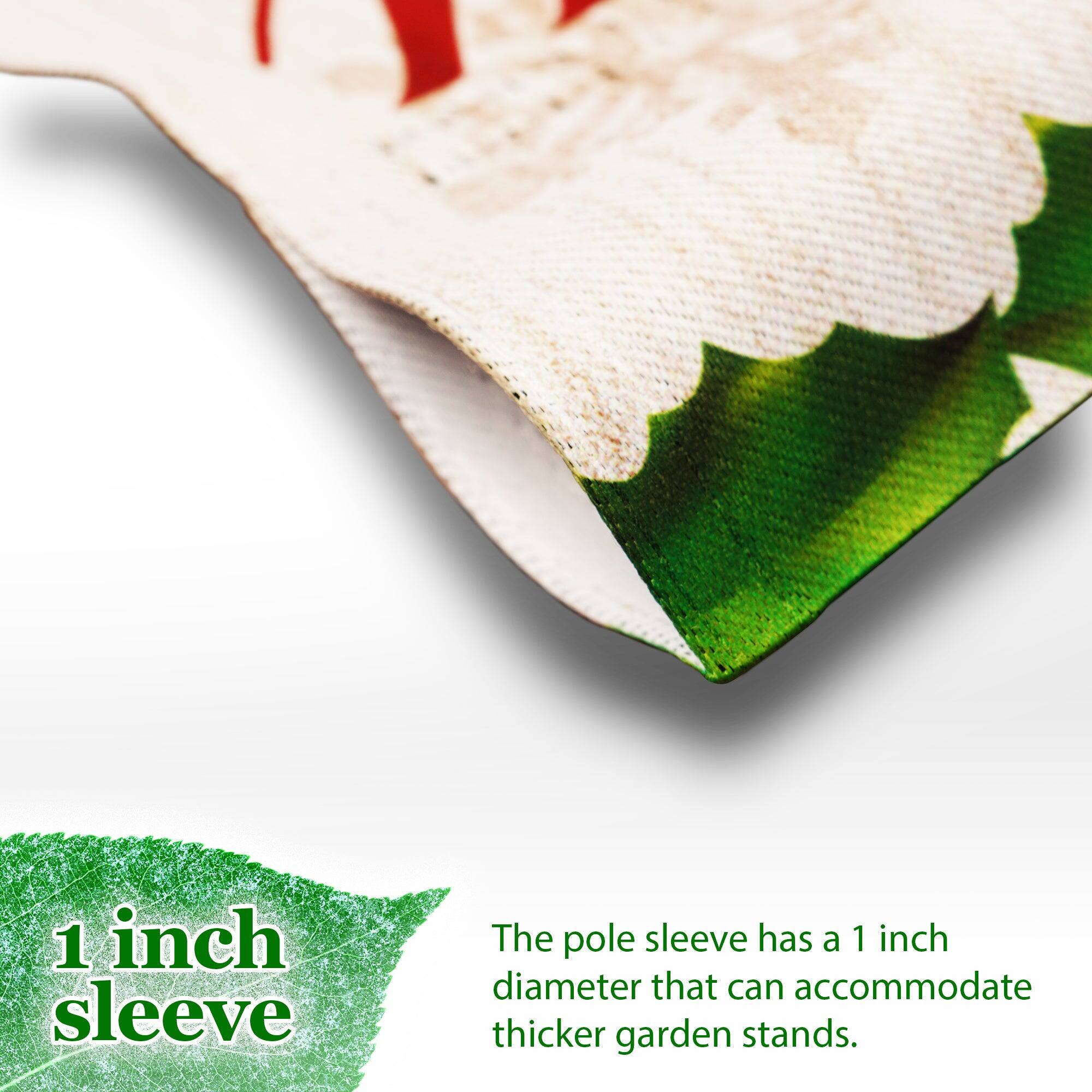 1 inch sleeve

The pole sleeve has a 1 inch diameter that can accommodate thicker garden stands.