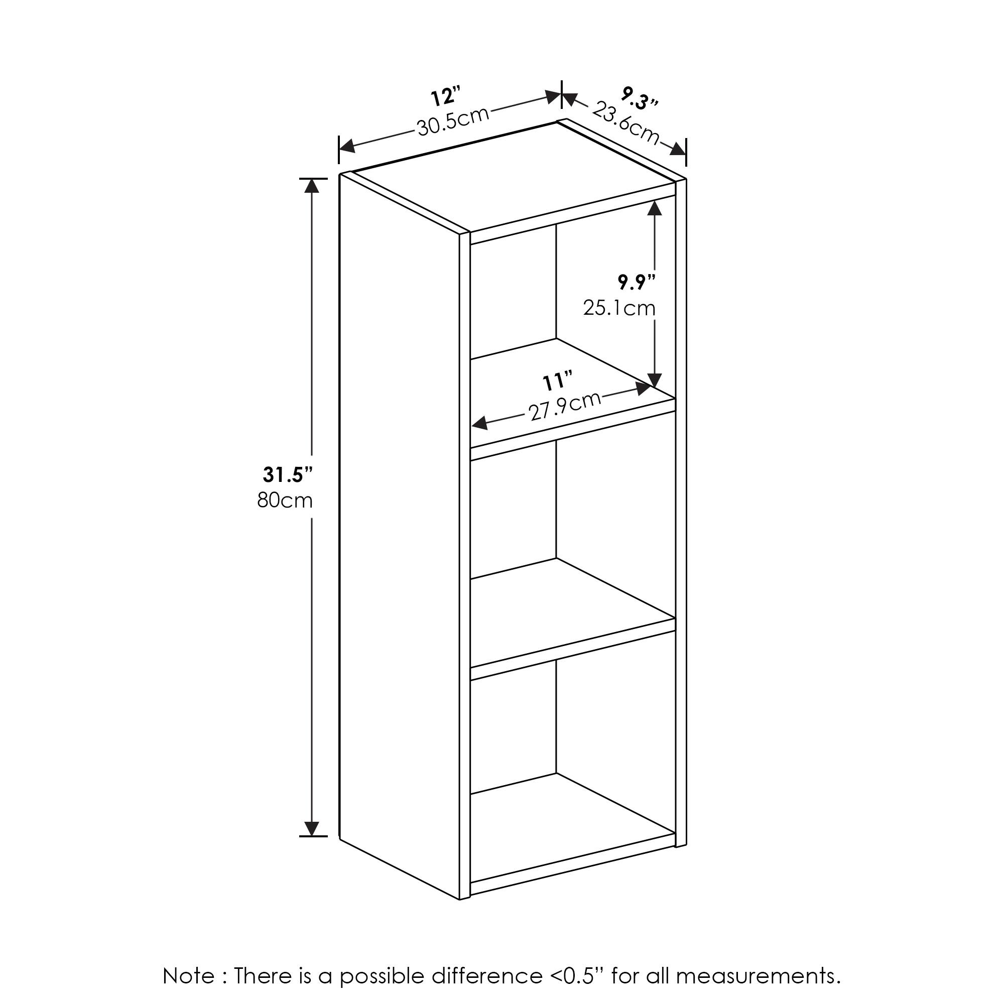 12" 30.5cm  
9.3" 23.6cm  
9.9" 25.1cm  
11" 27.9cm  
31.5" 80cm  

Note: There is a possible difference <0.5" for all measurements.