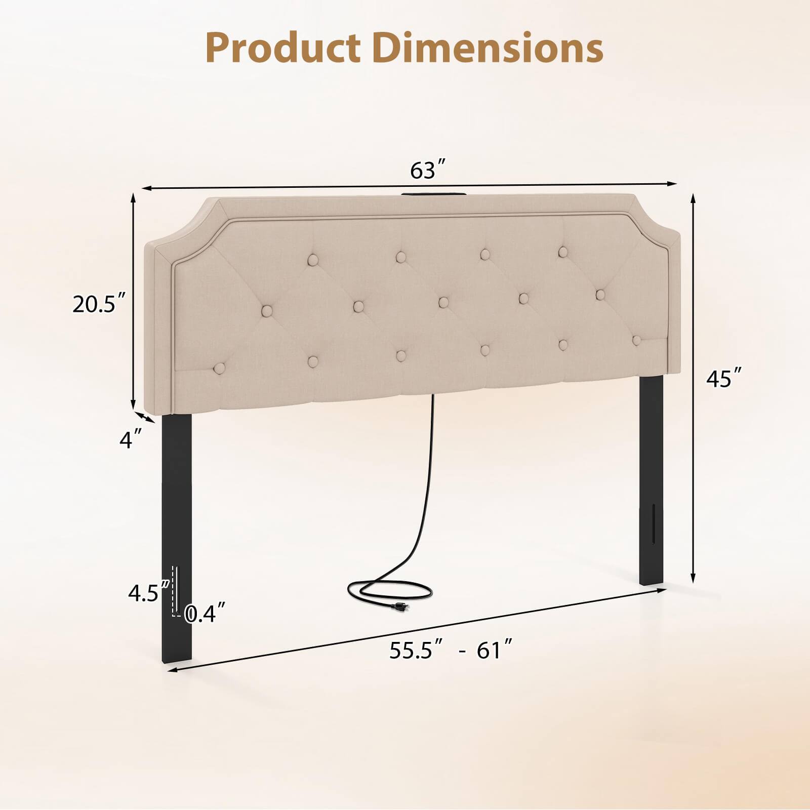 Product Dimensions: 63" x 20.5" x 45" x 4"  
Front: 4.5"  
Leg: 0.4"  
Floor Clearance: 55.5" - 61"