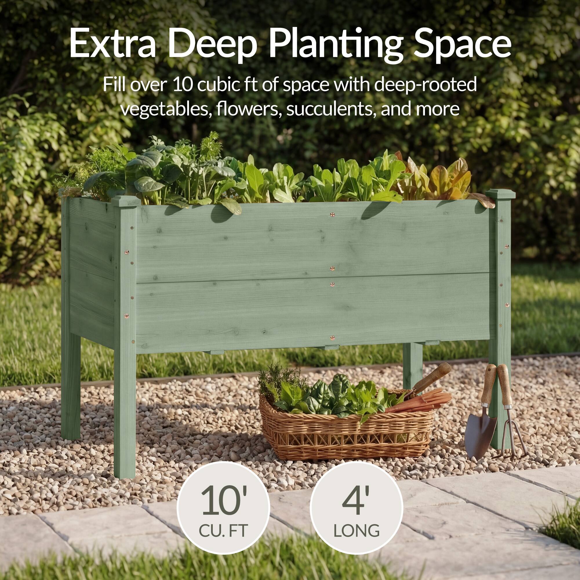 Extra Deep Planting Space

Fill over 10 cubic ft of space with deep-rooted vegetables, flowers, succulents, and more

10' CU. FT

4' LONG