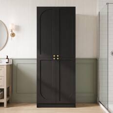 Front. Aheaplus - 80" Arched Storage Bookcase: 4-Door 6-Tier Wooden Pantry with Adjustable Wall-Fit Shelves - Black.