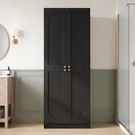 Aheaplus - 80" Arched Storage Bookcase: 4-Door 6-Tier Wooden Pantry with Adjustable Wall-Fit Shelves - Black