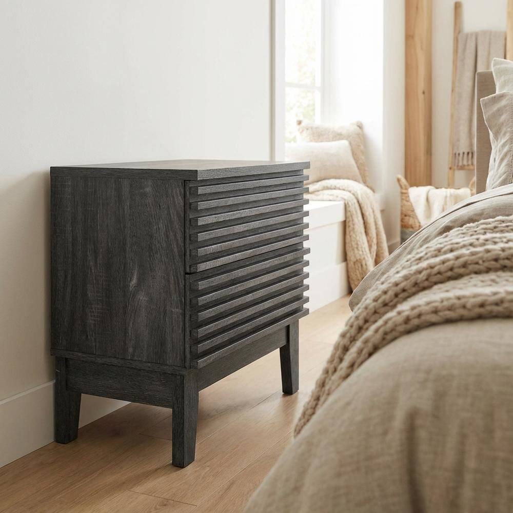 Angle. FurniFact - Two-Drawer Nightstand in Gray Finish with Sturdy Build and Modern Style - Gray.