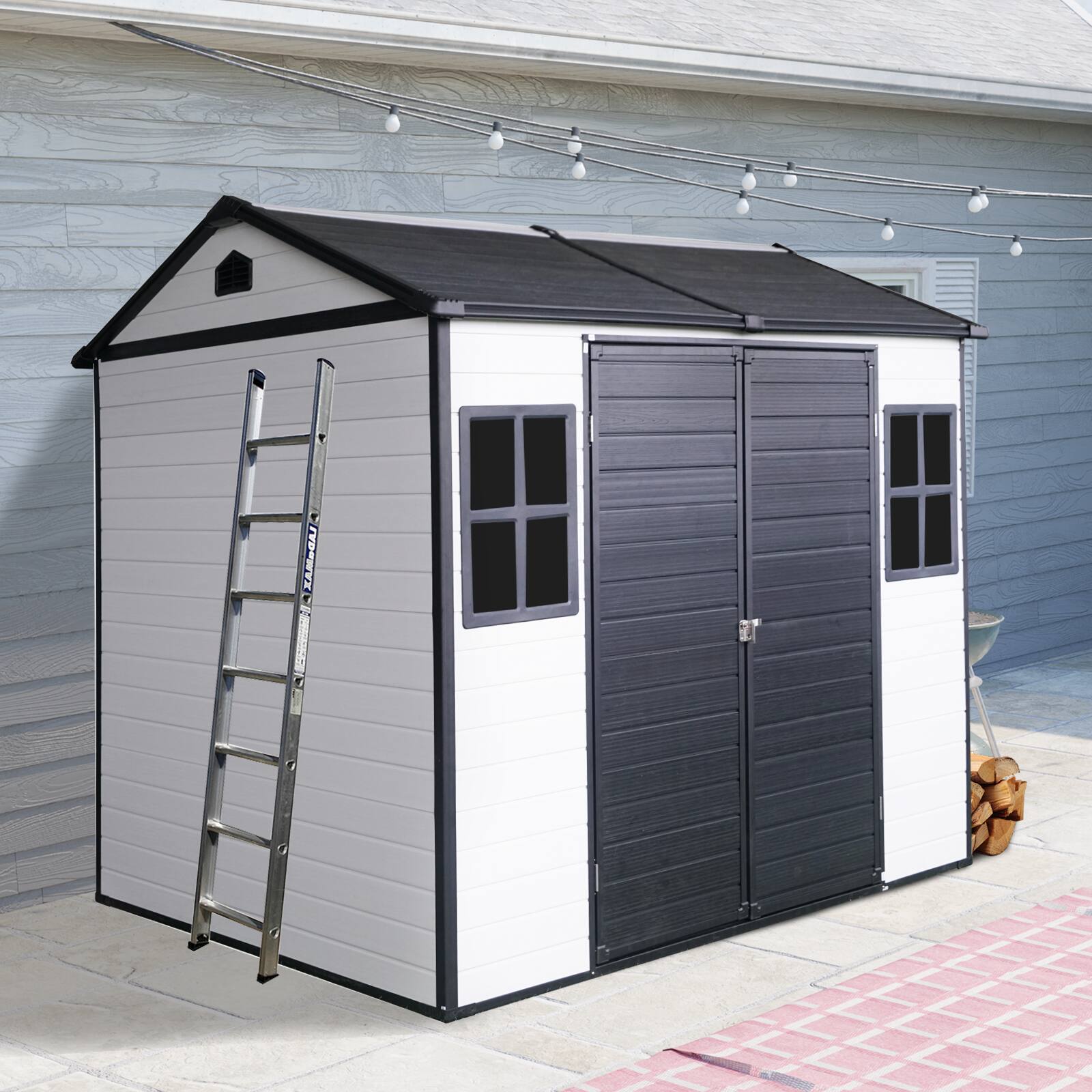 Angle. Mondawe - 8 x 6 ft Resin Outdoor Storage Shed with Floor & Two Windows & Lockable Door - Grey+White.