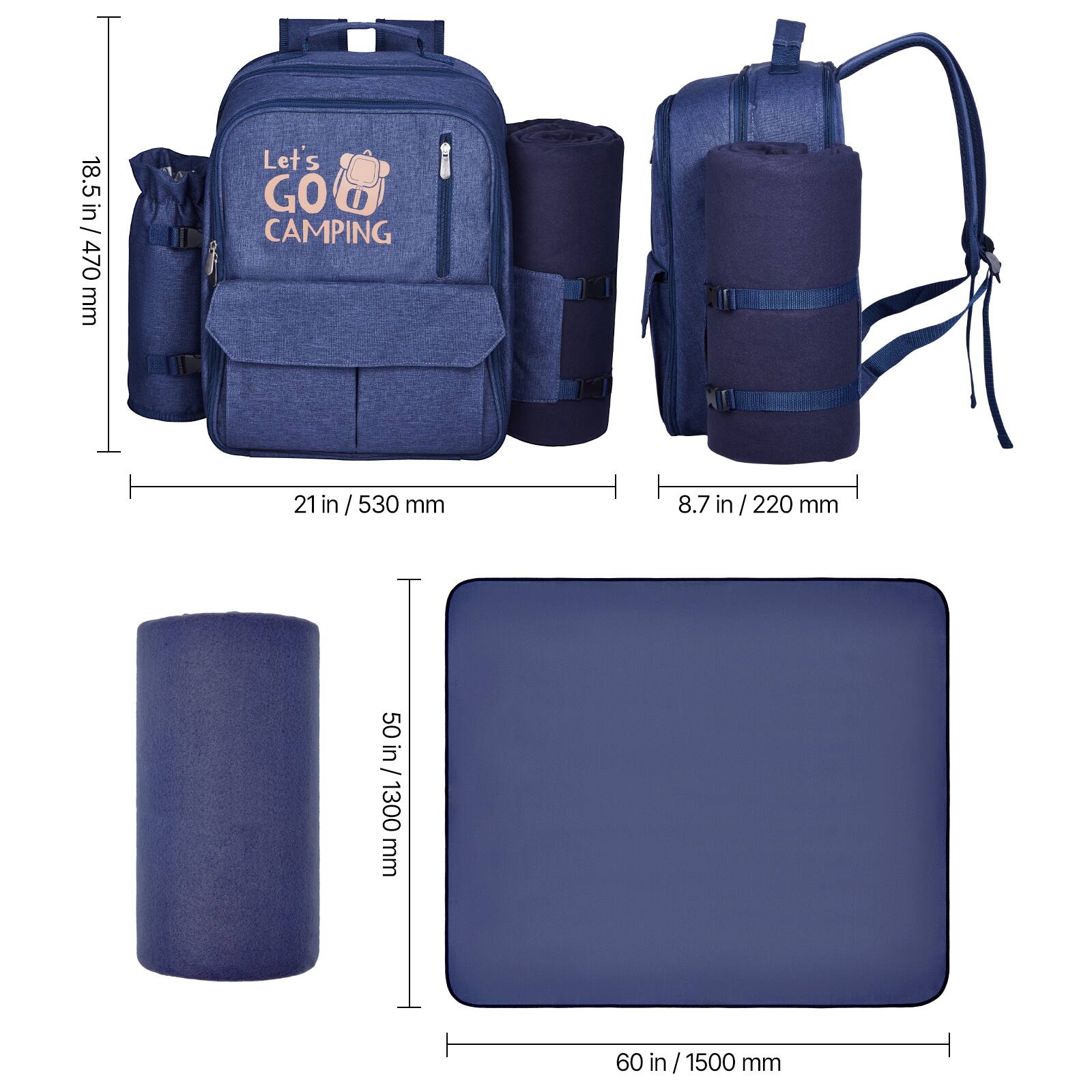 18.5 in / 470 mm  
21 in / 530 mm  
8.7 in / 220 mm  
50 in / 1300 mm  
60 in / 1500 mm