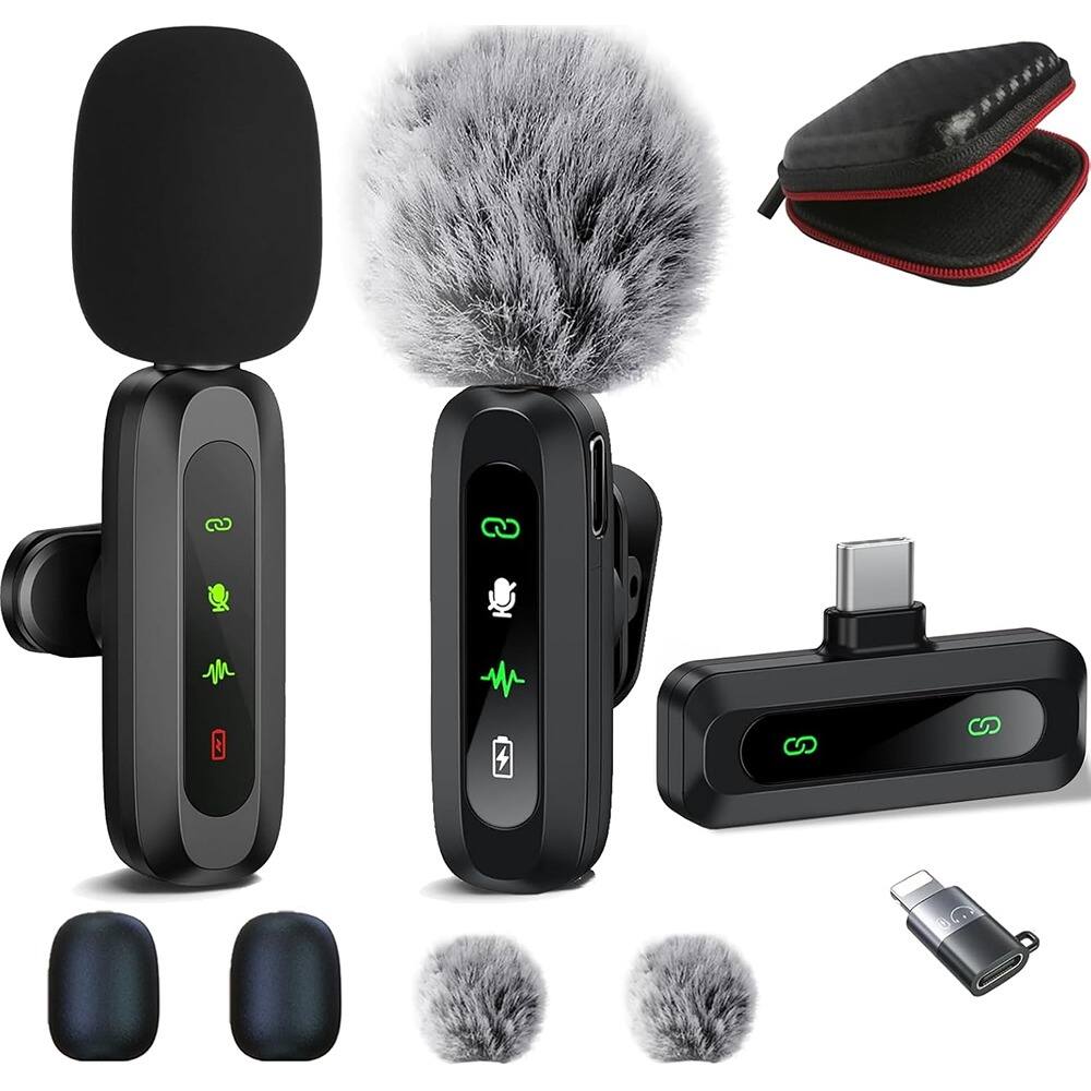 MOSZAR LLC - Wireless Lavalier Mic 2-Pack – Noise Reduction, Plug & Play for iPhone/Android (USB-C + Lightning) - Black