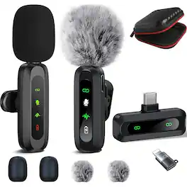 MOSZAR LLC - Wireless Lavalier Mic 2-Pack – Noise Reduction, Plug & Play for iPhone/Android (USB-C + Lightning) - Black