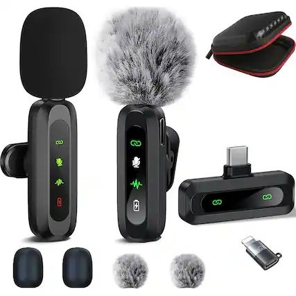 Front. MOSZAR LLC - Wireless Lavalier Mic 2-Pack – Noise Reduction, Plug & Play for iPhone/Android (USB-C + Lightning) - Black.