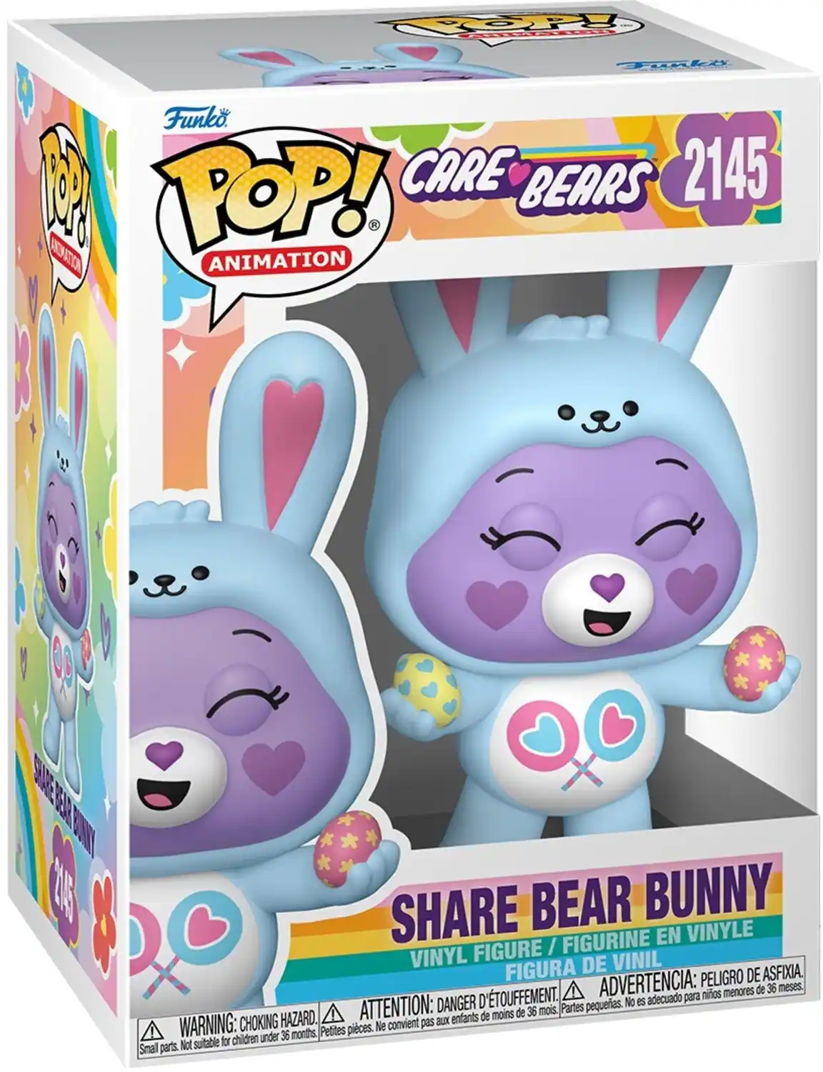 Funko POP! Animation  
CARE BEARS 2145  
SHARE BEAR BUNNY  
VINYL FIGURE / FIGURINE EN VINYLE / FIGURA DE VINIL  

WARNING: CHOKING HAZARD. Small parts. Not suitable for children under 36 months.  
ADVERTENCIA: PELOJO DE ASFIXIA. D'TOUFFEMENT. No es adecuado para niños menores de 36 meses.  
ATTENTION: DANGER D'ÉTOUFFEMENT. Ne convient pas aux enfants de moins de 36 mois.