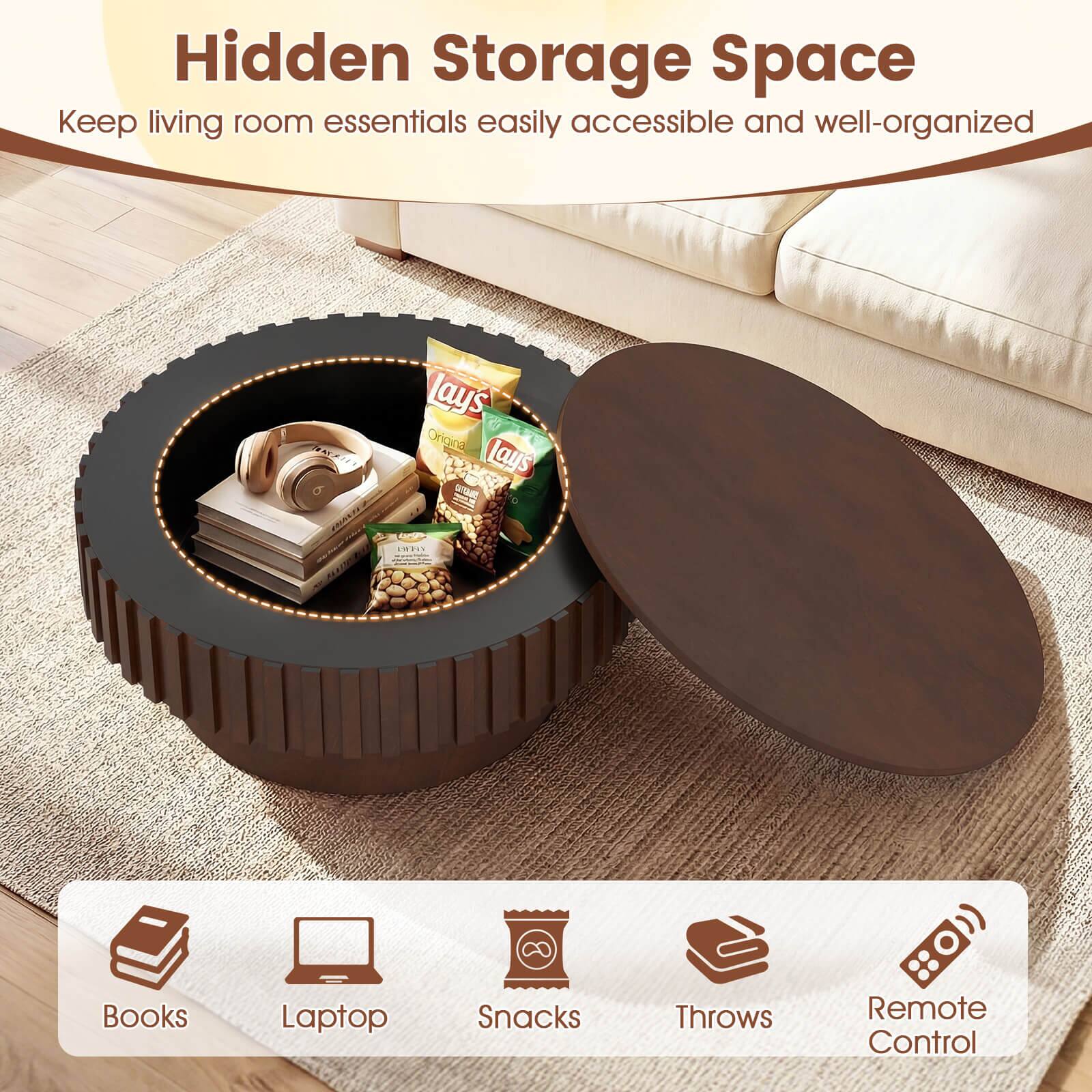 Hidden Storage Space  
Keep living room essentials easily accessible and well-organized  

Books  
Laptop  
Snacks  
Throws  
Remote Control