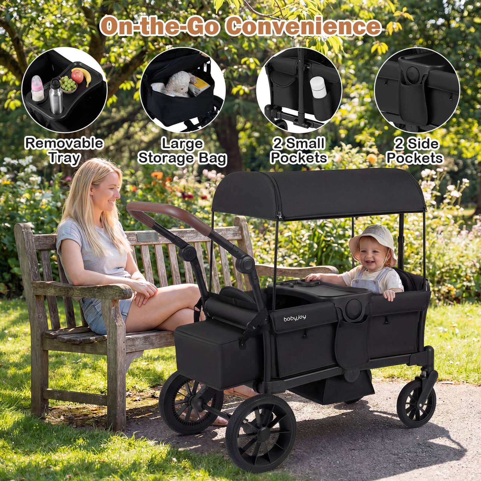 On-the-Go Convenience  
- Removable Tray  
- Large Storage Bag  
- 2 Small Pockets  
- 2 Side Pockets  

babyjoy