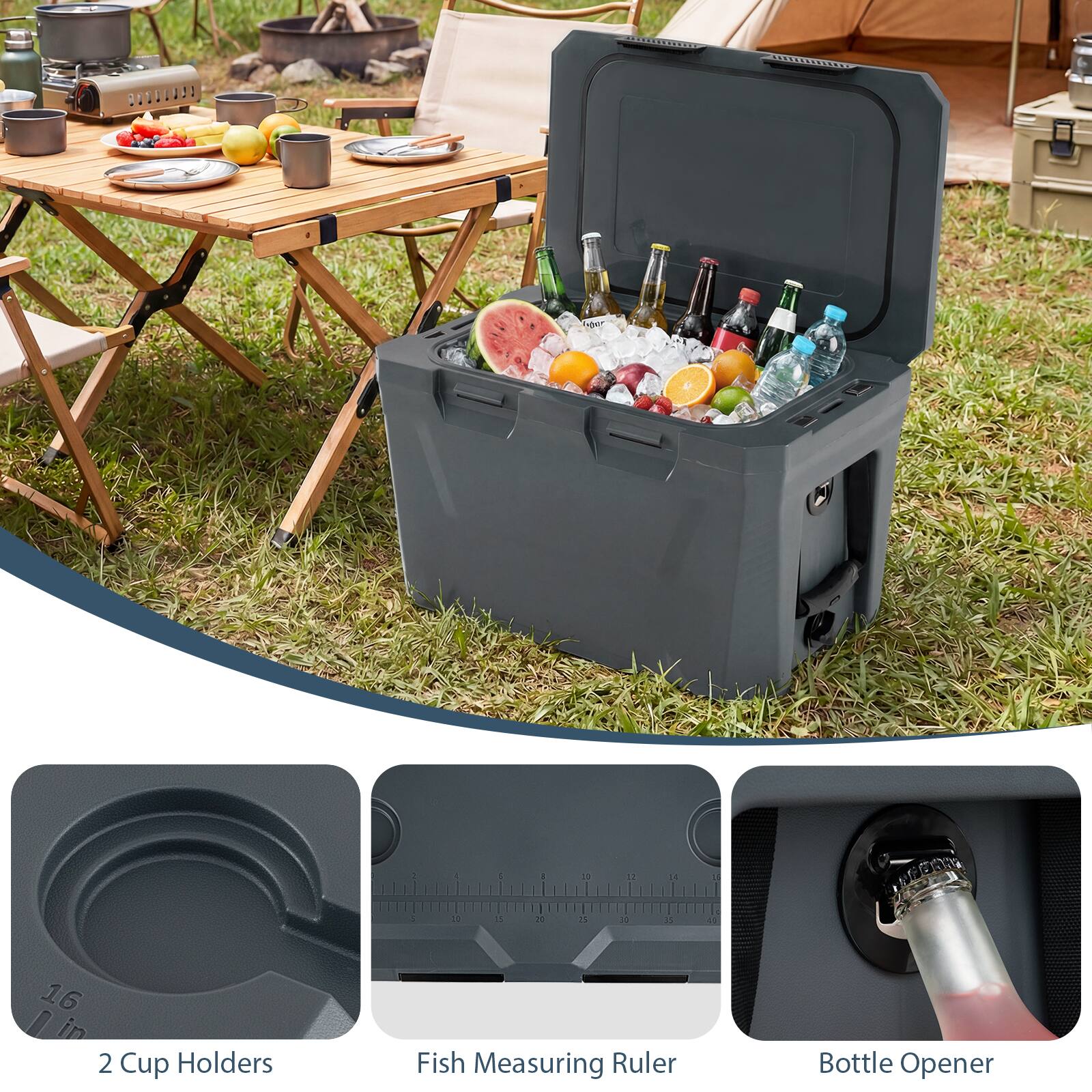 DO y : . I . 1 11 L4 . 30 11 1 11 10 15 . 16 Lin 0 in 2 Cup Holders Fish Measuring Ruler Bottle Opener
