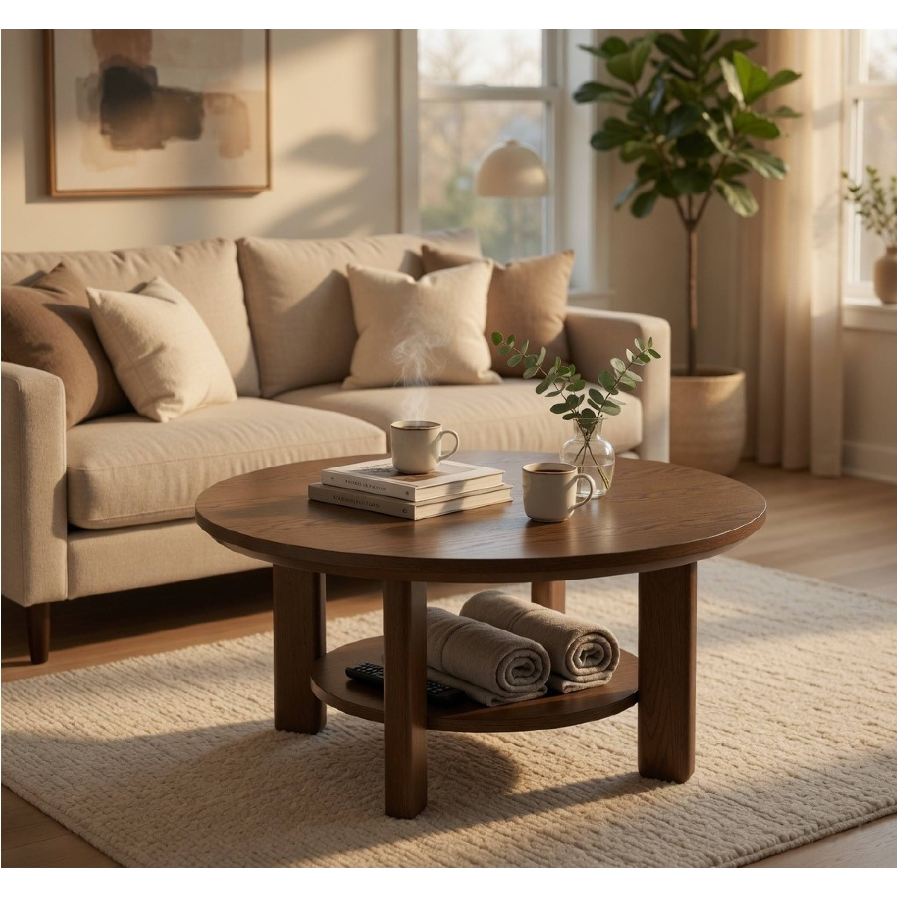 Alt View 4. Manhattan Lane - Clera Round Side End Table with Open Shelf, Wood 36 Inch - Brown.