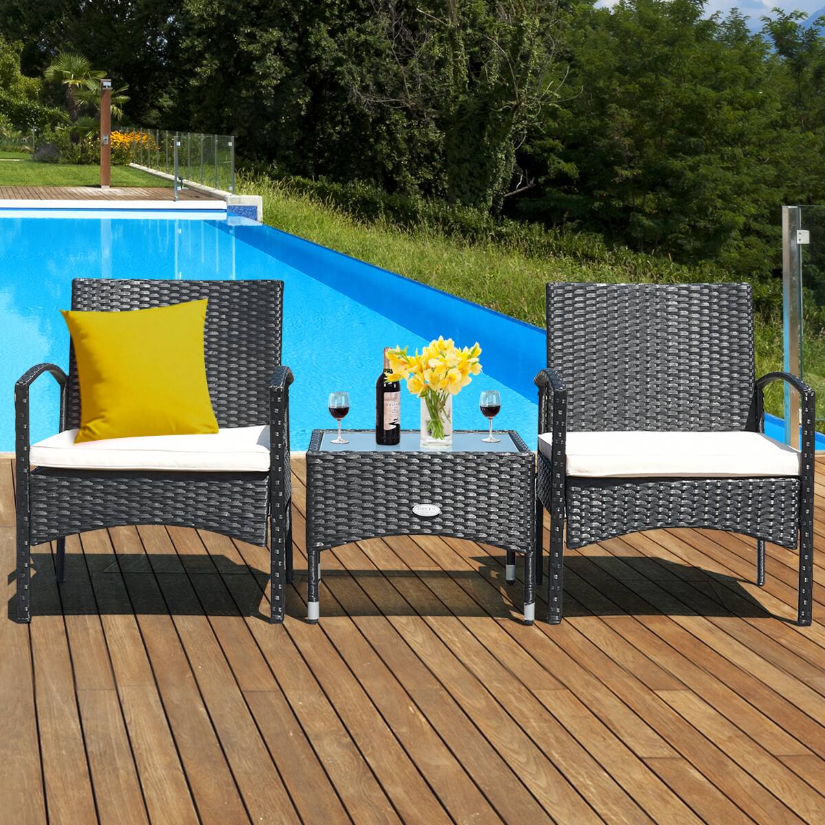 Alt View 7. Costway - Costway 3 PCS Furniture Set Table & 2 Chair Patio Wicker Rattan W/Cushion - Black.