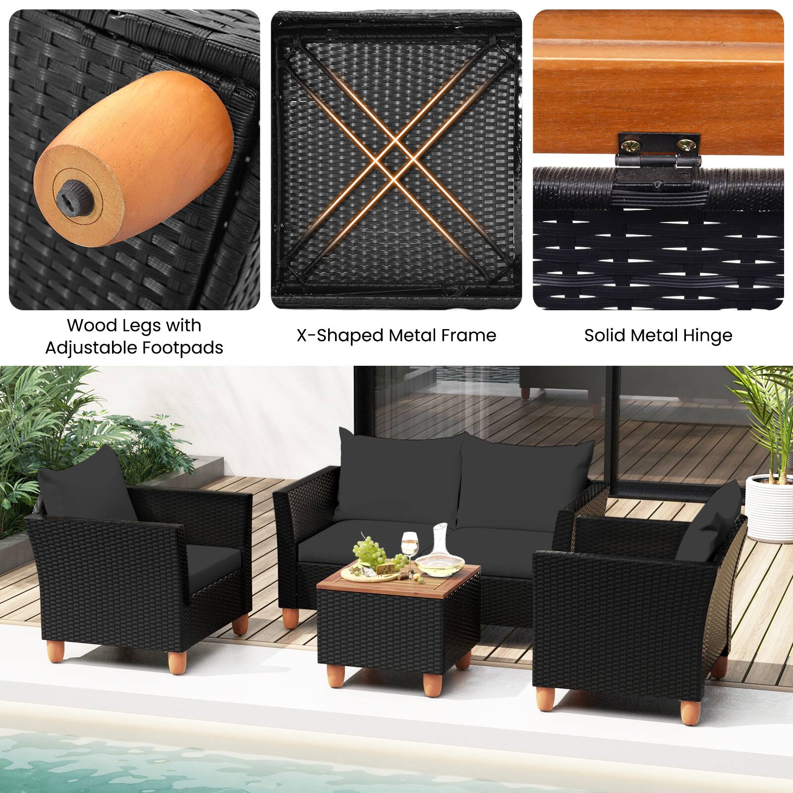 Wood Legs with Adjustable Footpads  
X-Shaped Metal Frame  
Solid Metal Hinge