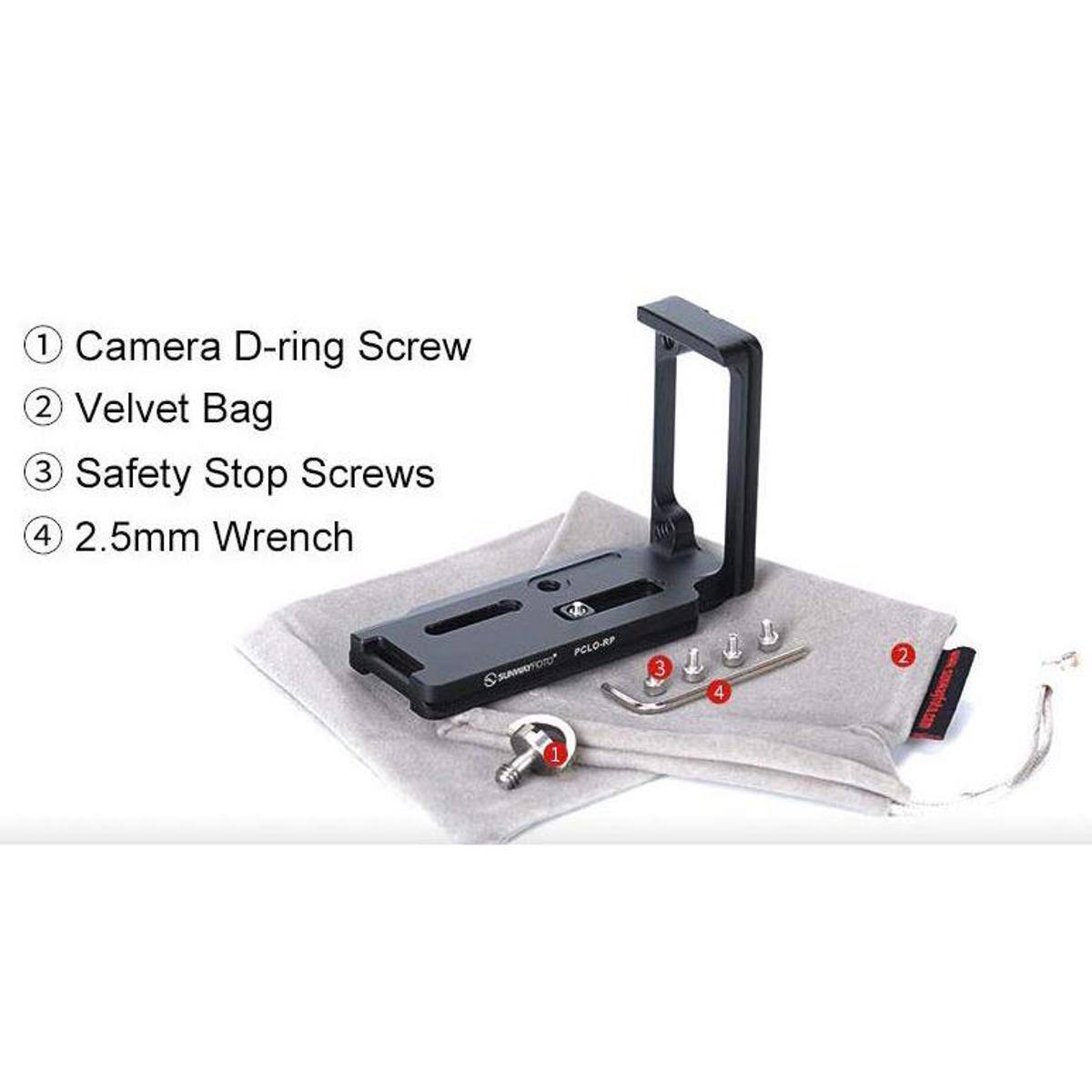 1. Camera D-ring Screw  
2. Velvet Bag  
3. Safety Stop Screws  
4. 2.5mm Wrench
