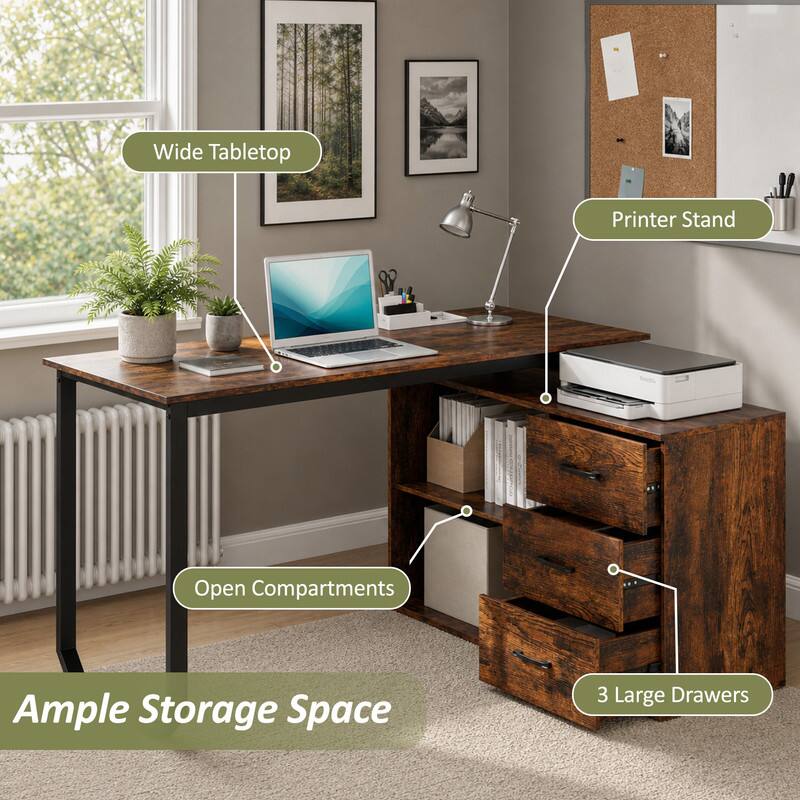 WELLFOR 55" Inch Reversible L Shaped Desk with Charging Station & 3 ...