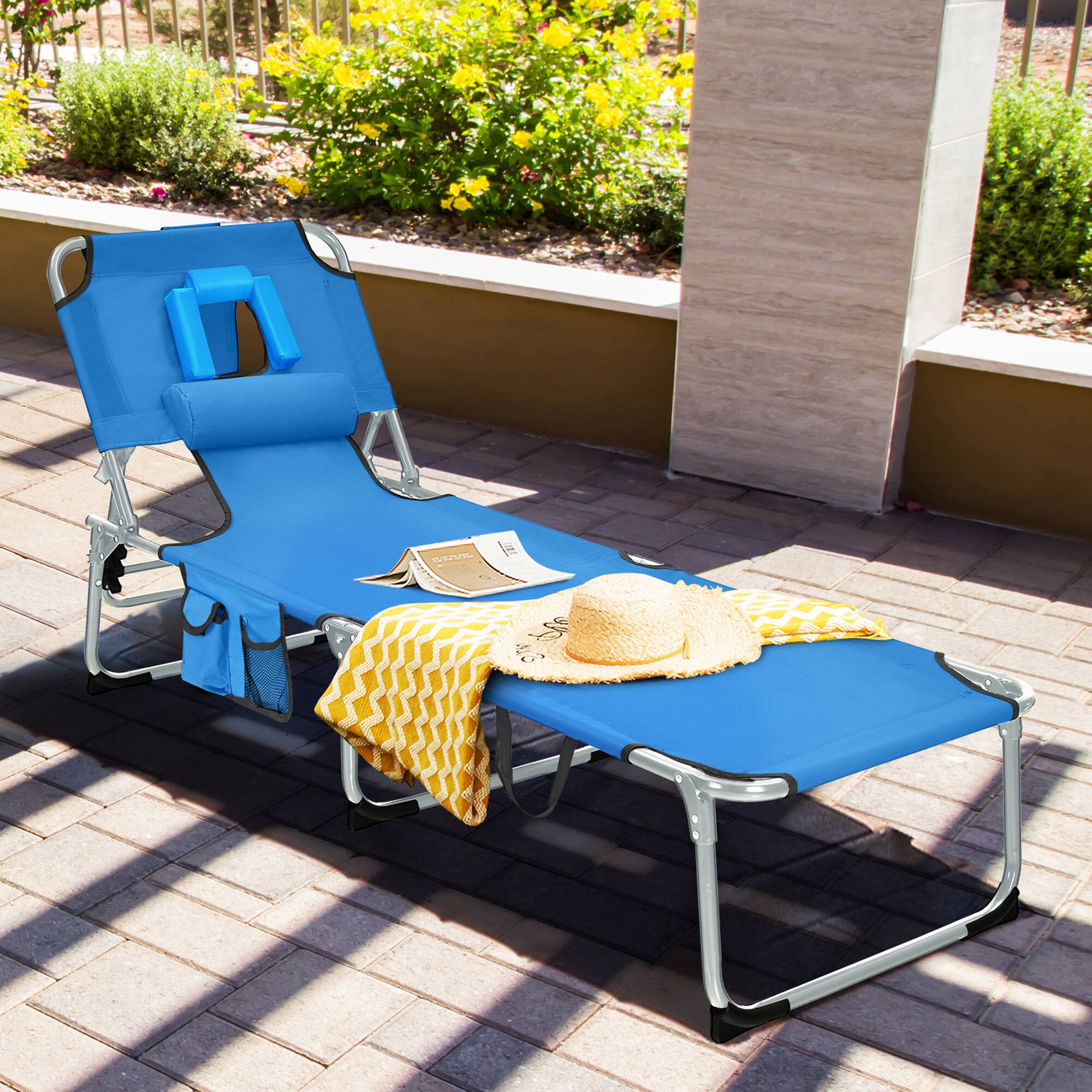 Gymax - Portable Beach Chaise Lounge Chair Folding Reclining Chair w/ Facing Hole - Blue price history on PriceWatchPro