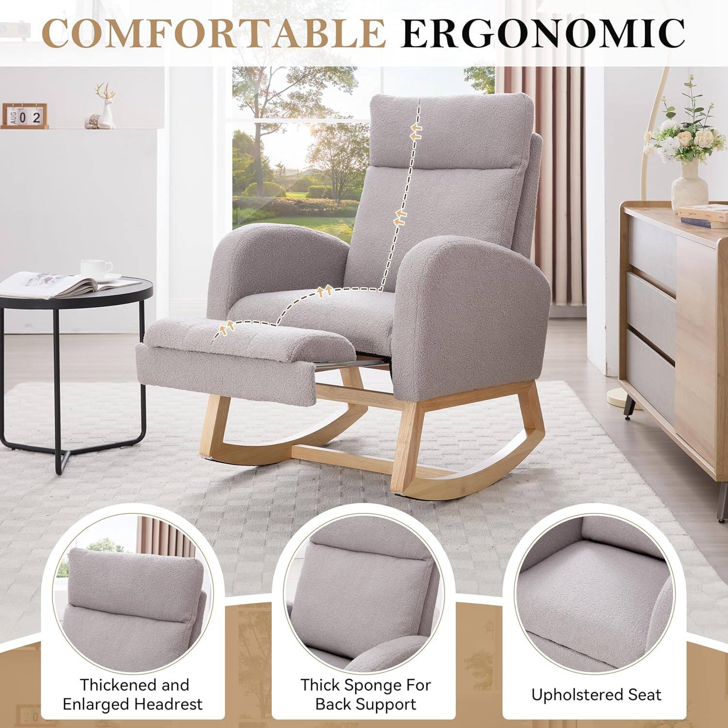 COMFORTABLE ERGONOMIC

- Thickened and Enlarged Headrest
- Thick Sponge For Back Support
- Upholstered Seat