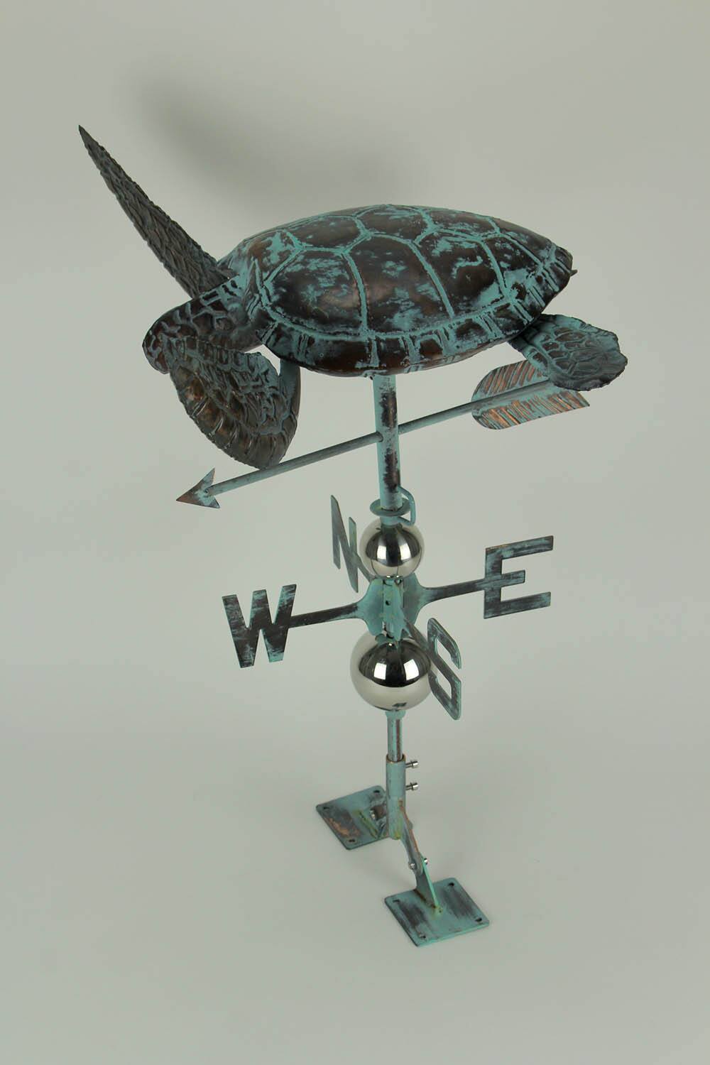 Alt View 1. Zeckos - Verdigris Patina Metal Sea Turtle Weathervane with Roof Mount - Green.
