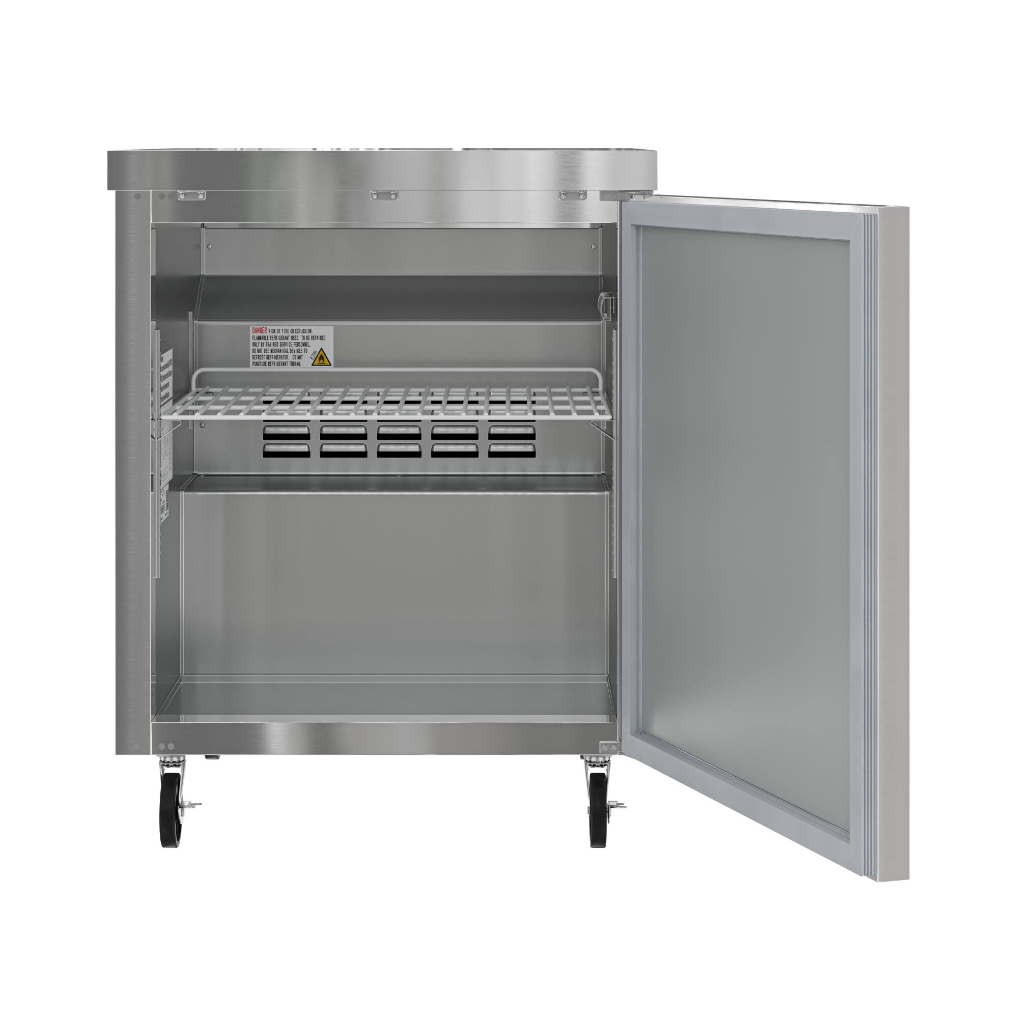 The image shows a stainless steel refrigerator with a freezer compartment. The freezer is open, revealing a shelf inside. The refrigerator is made by the company "Frigidaire".