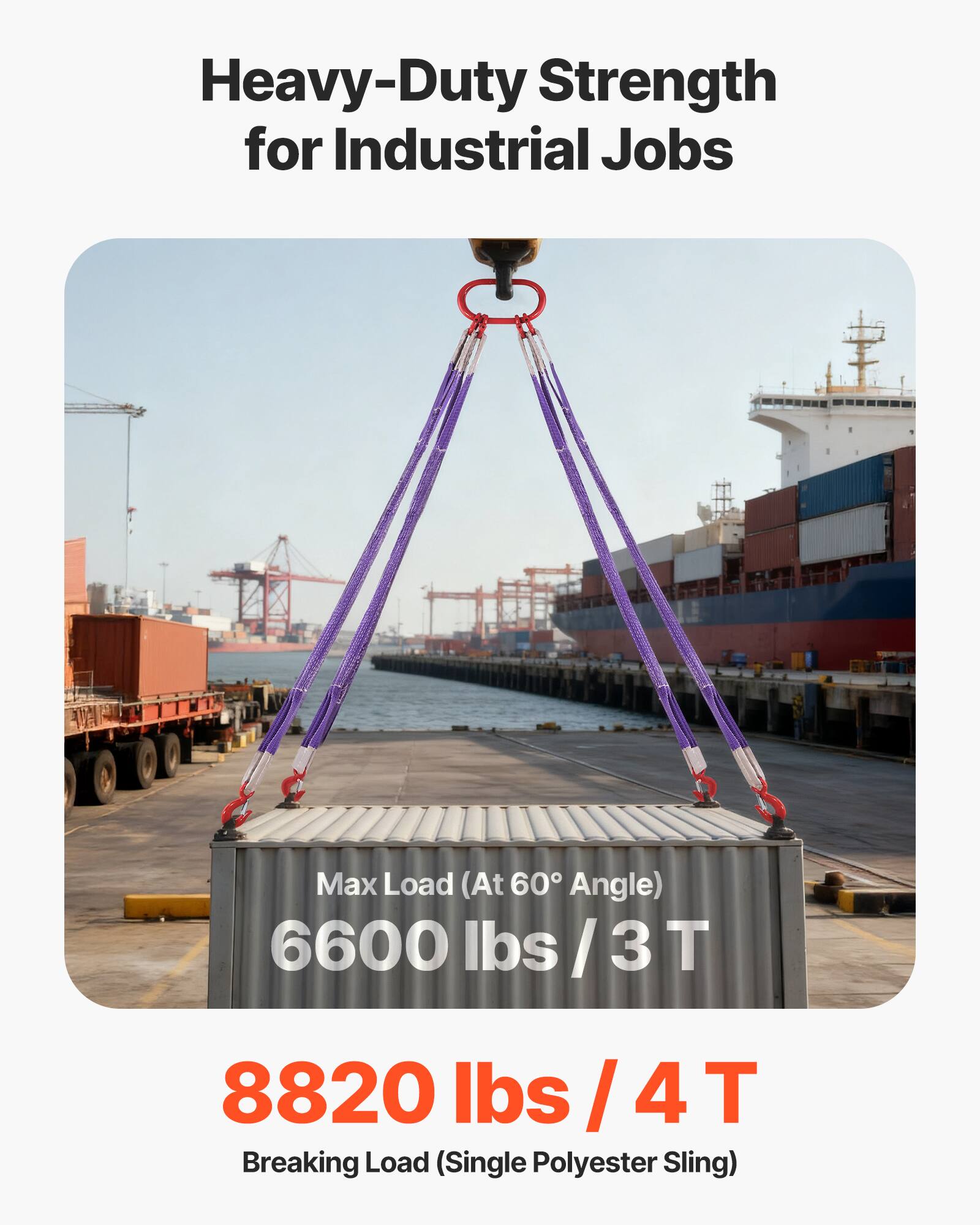 Heavy-Duty Strength for Industrial Jobs

Max Load (At 60° Angle) 6600 lbs / 3T

8820 lbs / 4T Breaking Load (Single Polyester Sling)
