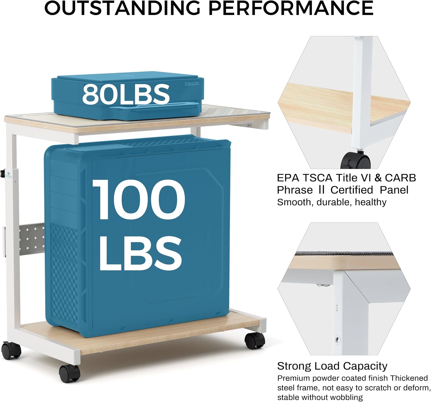 OUTSTANDING PERFORMANCE

80LBS

100 LBS

EPA TSCA Title VI & CARB Phrase II Certified Panel
Smooth, durable, healthy

Strong Load Capacity
Premium powder coated finish
Thickened steel frame, not easy to scratch or deform, stable without wobbling
