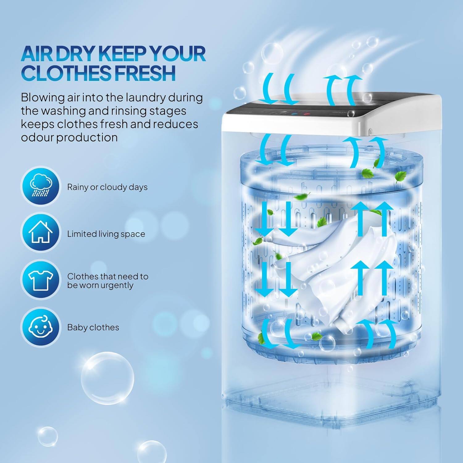 AIR DRY KEEP YOUR CLOTHES FRESH

Blowing air into the laundry during the washing and rinsing stages keeps clothes fresh and reduces odour production

- Rainy or cloudy days
- Limited living space
- Clothes that need to be worn urgently
- Baby clothes