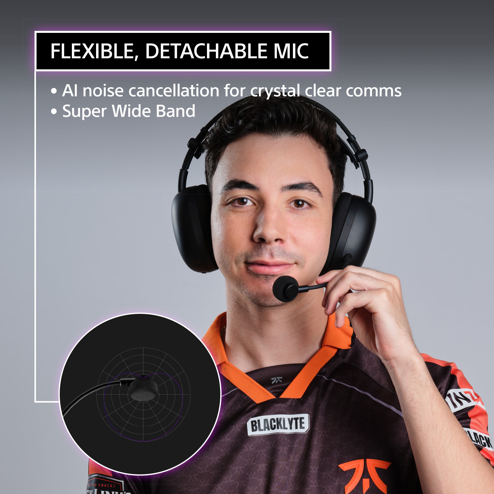 FLEXIBLE, DETACHABLE MIC
- AI noise cancellation for crystal clear comms
- Super Wide Band