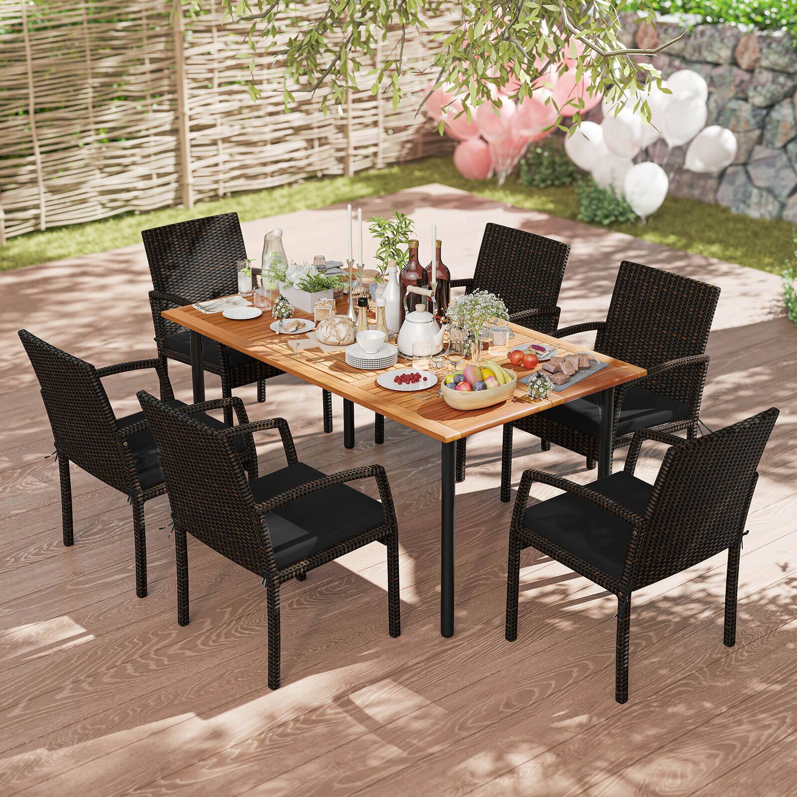 Alt View 1. Costway - Costway 7PCS Patio Rattan Dining Chair Table Set with  Cushion Umbrella Hole - Black.