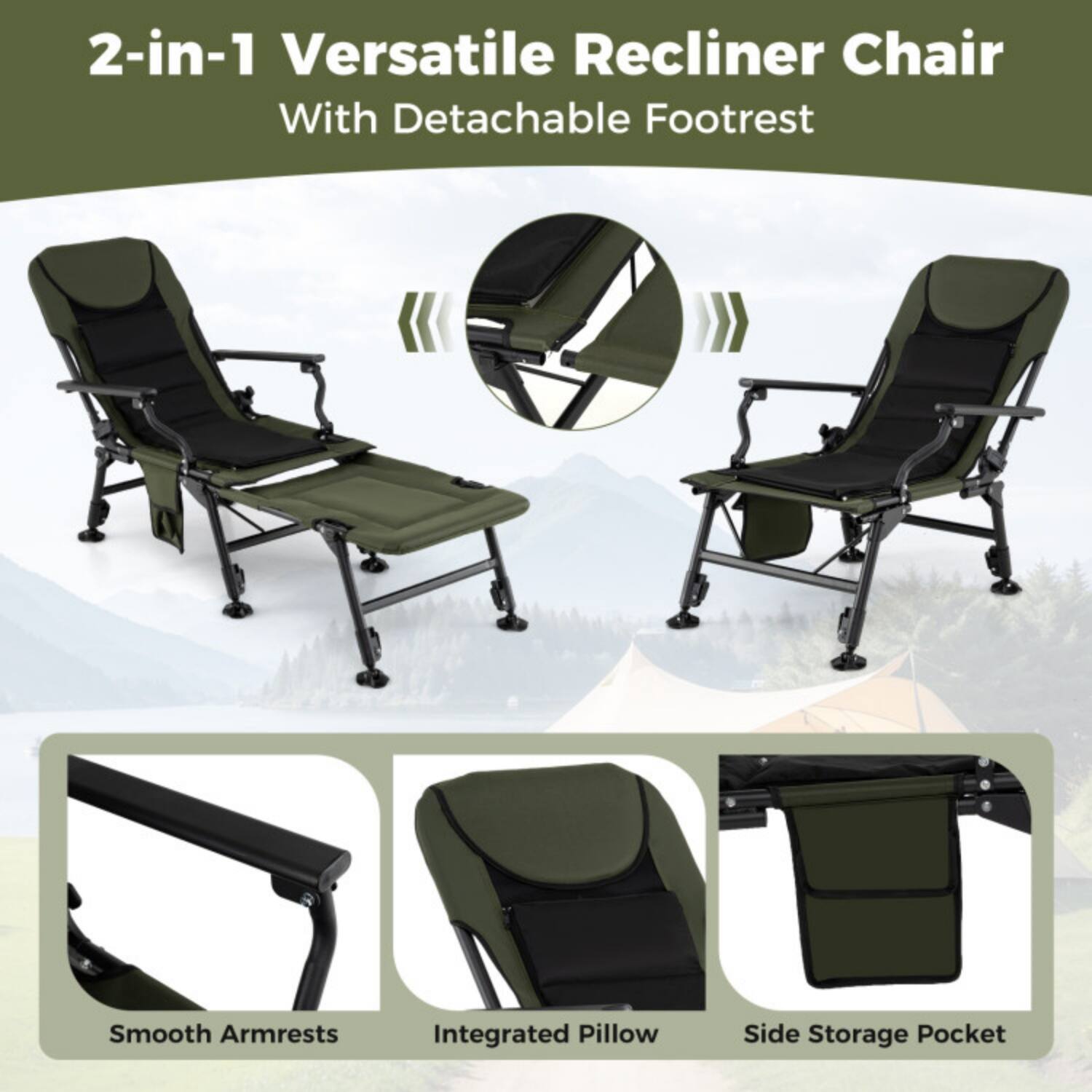 2-in-1 Versatile Recliner Chair  
With Detachable Footrest  

- Smooth Armrests  
- Integrated Pillow  
- Side Storage Pocket