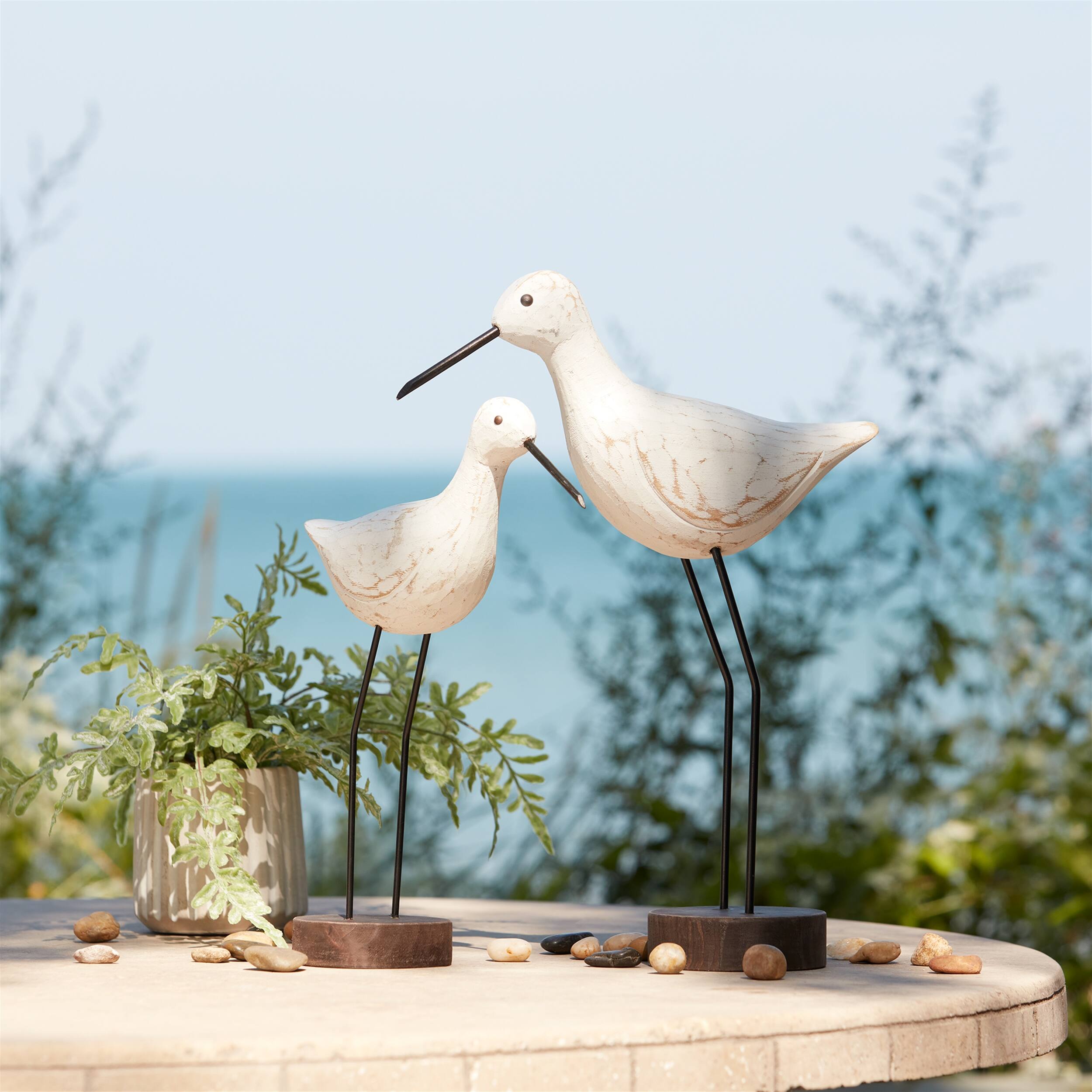 Alt View 3. BreeBe - Carved Wood Sea Bird with Metal Stand (Set of 2) - White, Brown.
