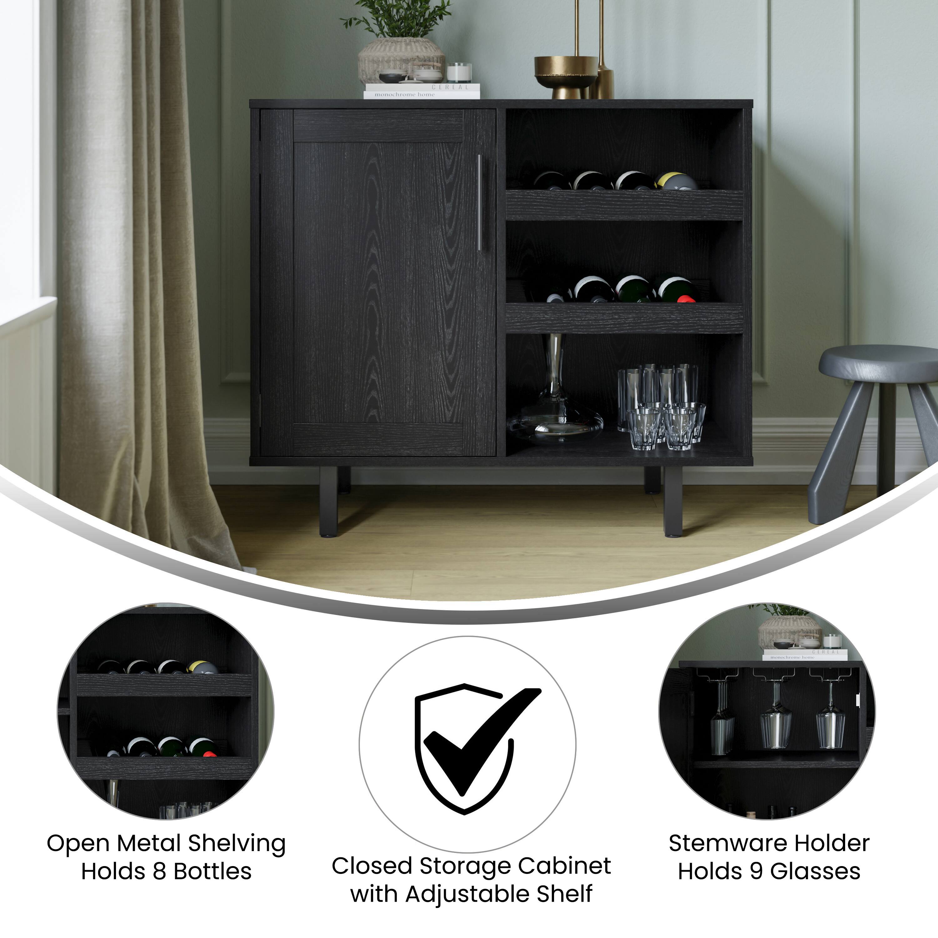 - CEREAL - - - Open Metal Shelving Holds 8 Bottles
- Closed Storage Cabinet with Adjustable Shelf
- Stemware Holder Holds 9 Glasses