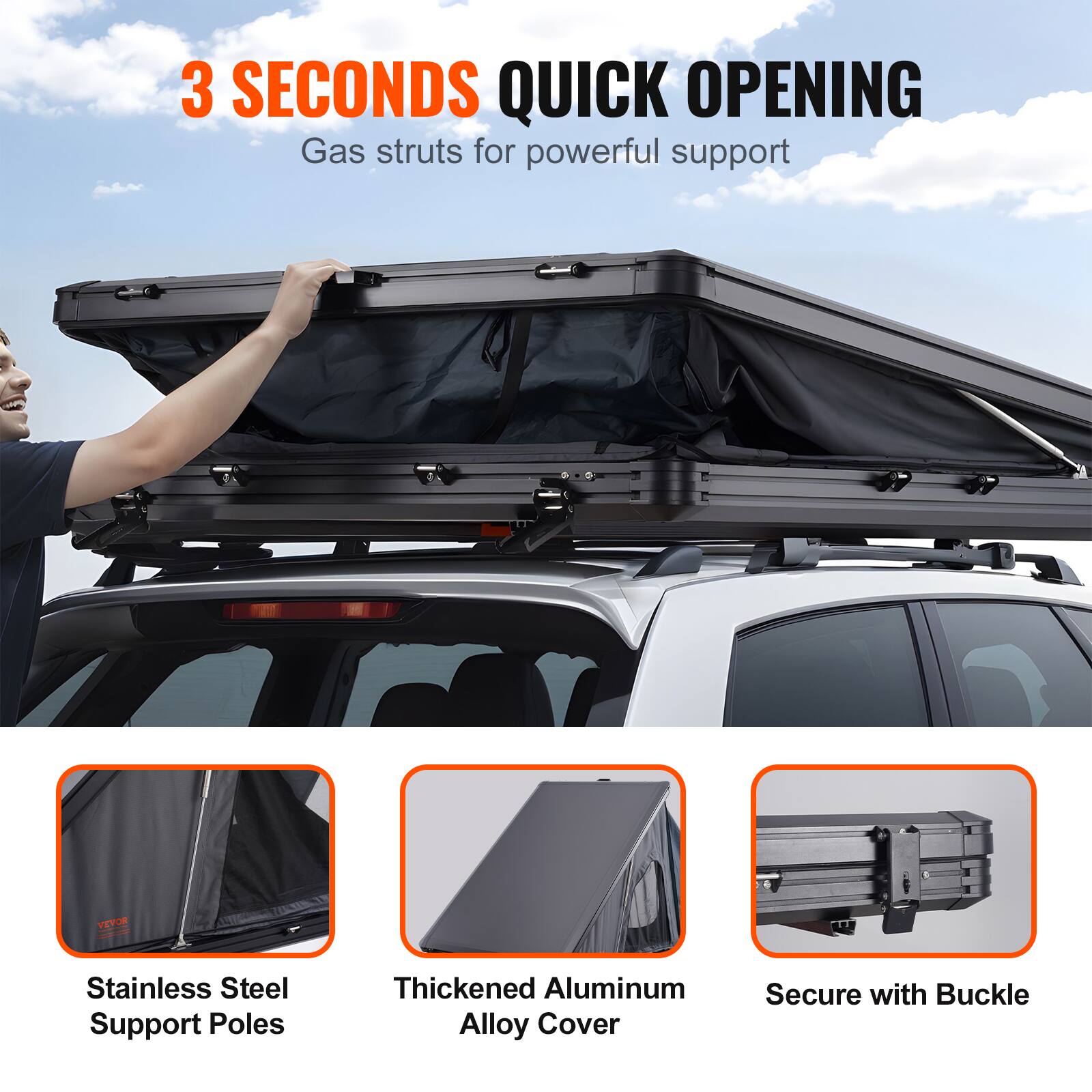 3 SECONDS QUICK OPENING, Gas struts for powerful support, VEVO, Stainless Steel Support Poles, Thickened Aluminum Alloy Cover, Secure with Buckle
